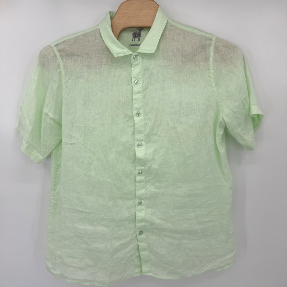Raffi Button Down Shirt Men XL Mint Green Pure Linen Short Sleeve Casual Coastal